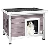 VOUNOT® Casetta per Gatti in Legno con Finestra in Plexiglas, Cuccia da Esterno Casa per Gatti con Porta e Tetto 57x45x43cm Grigio