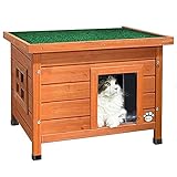 VOUNOT® Casetta per Gatti in Legno con Finestra in Plexiglas, Cuccia da Esterno Casa per Gatti con Porta e Tetto 57x45x43cm